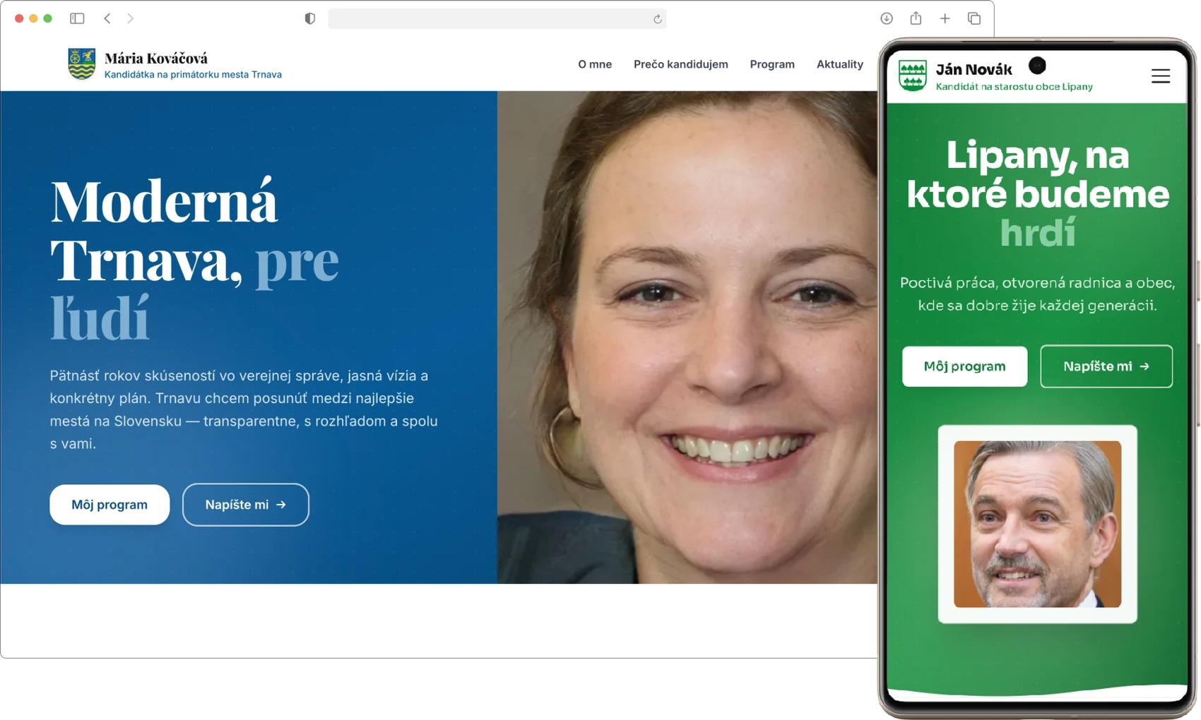 Kampaňový web pre kandidáta od Volebka.sk zobrazený na počítači a mobilnom telefóne